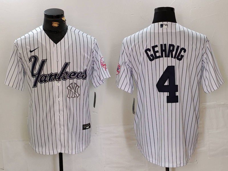 Men New York Yankees #4 Gehrig White stripe Three generations of joint names Nike 2024 MLB Jersey style 4->new york yankees->MLB Jersey